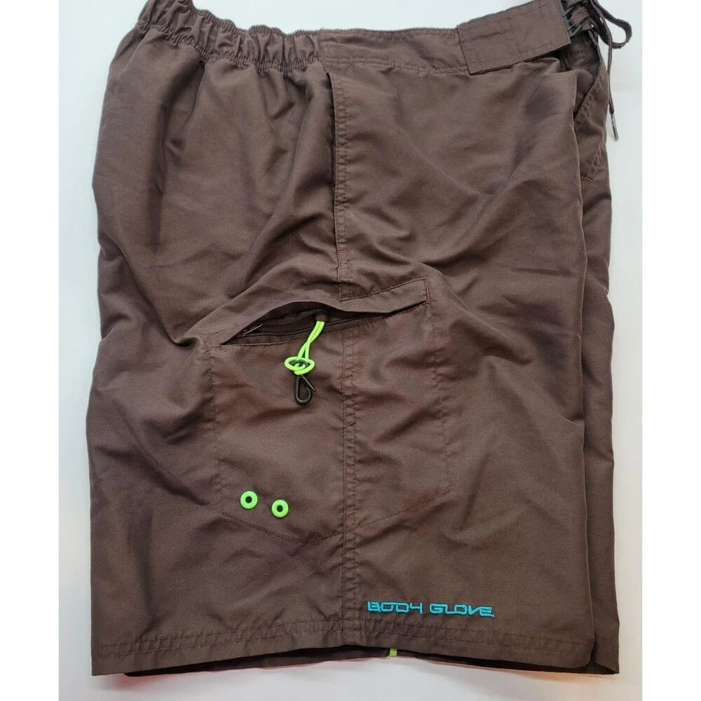 Body Glove Men's Brown Board Shorts Swim Trunks Neon Green Surf Cargo Pocket Lg